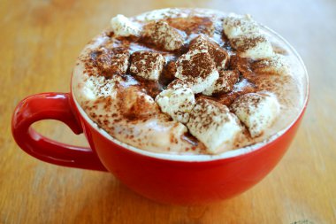 kırmızı sıcak kakao krema ve tarçın ile fincan