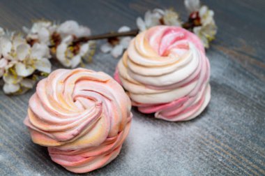 Çiçek açan dalların arasında narin beyaz-pembe marşmelov