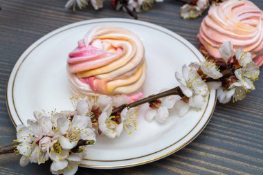 Beyaz porselen bir kapta, dalların arasında narin beyaz ve pembe şekerlemeler.