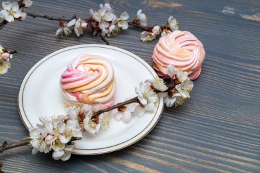 Beyaz porselen bir kapta, dalların arasında narin beyaz ve pembe şekerlemeler.