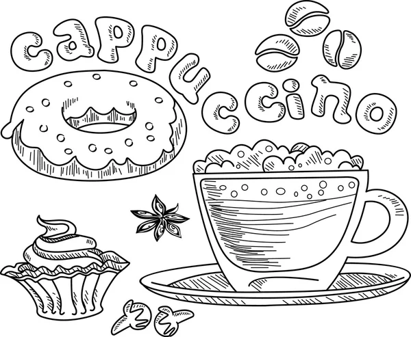 Vektor Doodle Tasse Cappuccino mit Kuchen — Stockvektor
