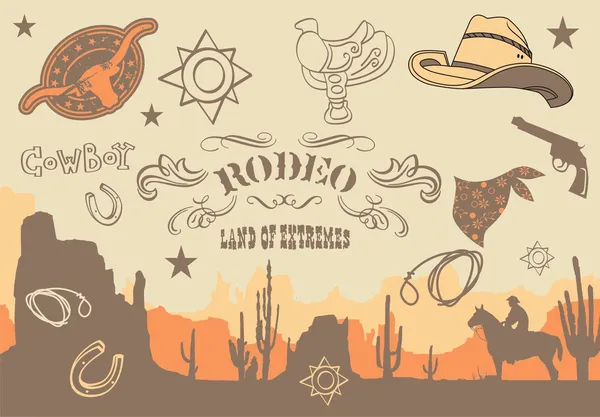 Cowboy. Elementos ocidentais selvagens, ilustração vetorial — Vetor de Stock