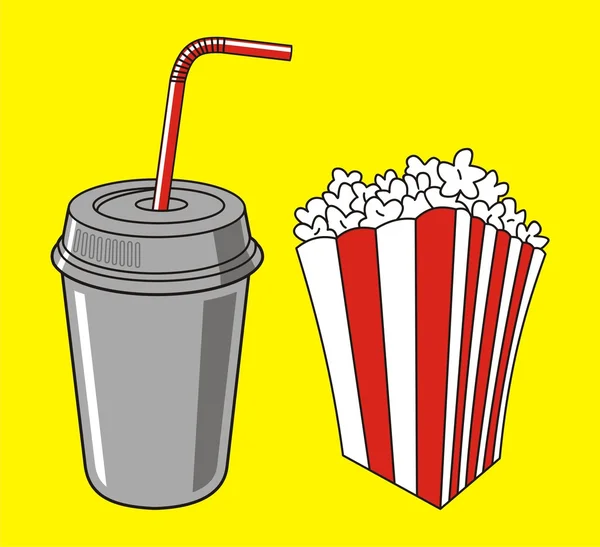 Ilustración vectorial de taza de soda, paja y palomitas de maíz — Archivo Imágenes Vectoriales