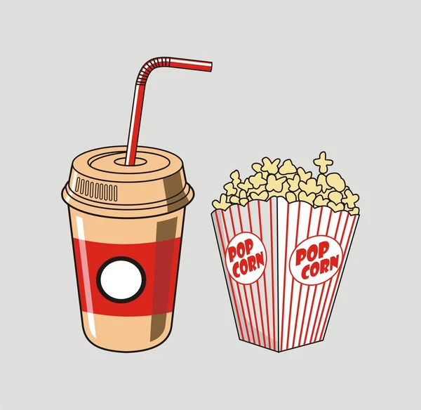 Ilustración vectorial de taza de soda, paja y palomitas de maíz — Archivo Imágenes Vectoriales