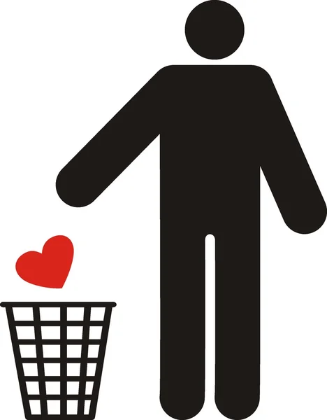 Figure of person throwing love into a trash can — Stock Vector