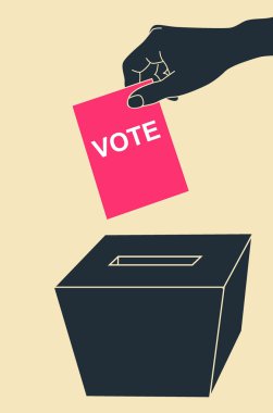 Hand with voting ballot and box on grey background clipart