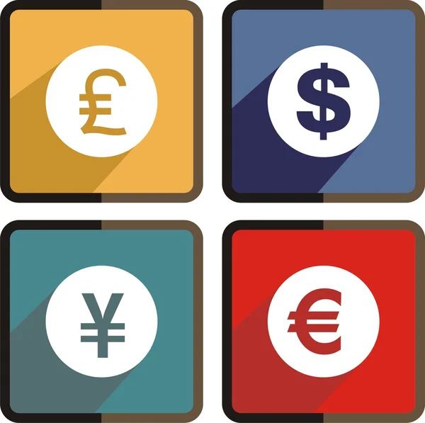 Ícone plano Dinheiro vetorial, dólar, euro, iene e libra — Vetor de Stock