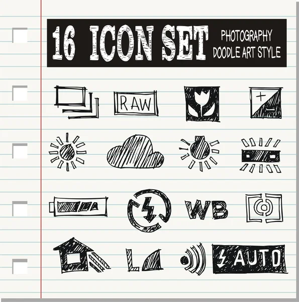 16 set di icone, Fotografia in stile doodle art — Vettoriale Stock