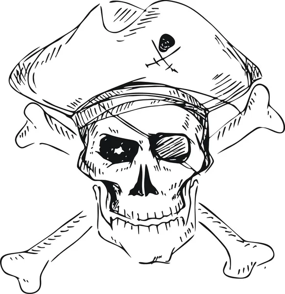 Piratenschädel mit Hut und Kreuzknochen im Doodle-Stil — Stockvektor