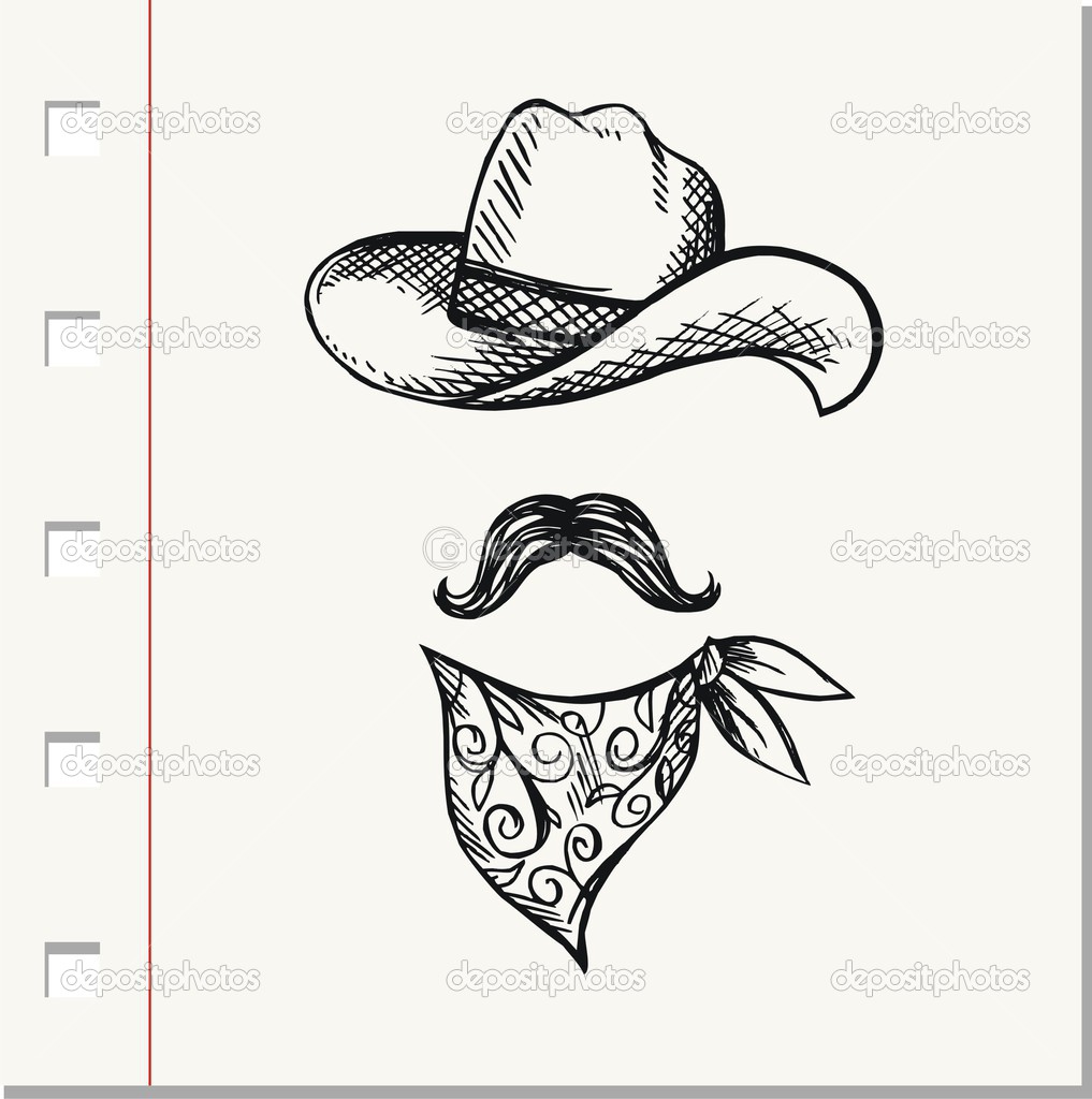 Doodle Hat,scarf and mustache, cowboy style