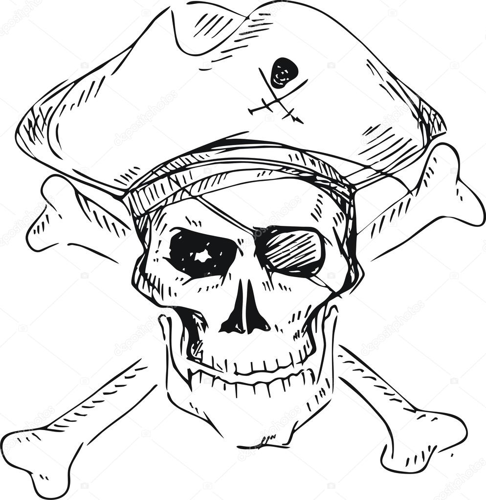 Pirate Skull with Hat and Cross Bones ,doodle style