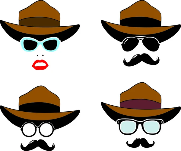 Sunglasses, mustaches, hat set — Stock Vector