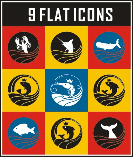 Iconos planos de pescado — Vector de stock