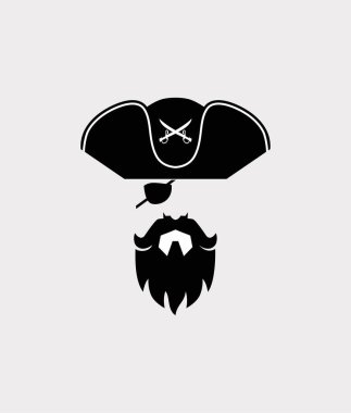 Şapkalı ve göz bantlı korsan kafatası ve iki çapraz kılıç, vektör çizimi.