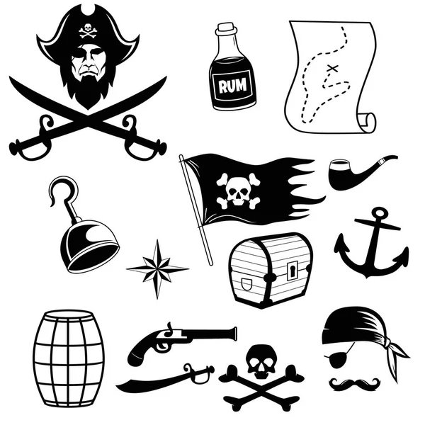 Pirates Icons Set Saber Skull Bandanna Bones Hook Hat Old — Stock Vector