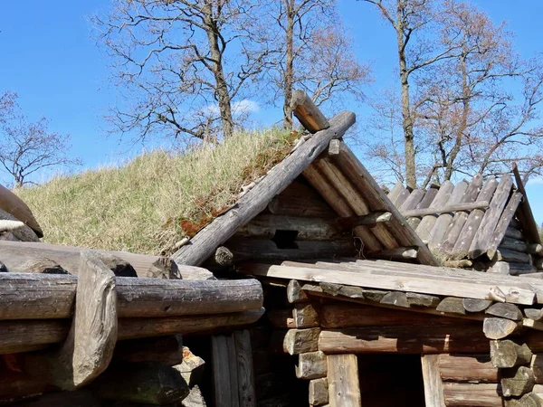 봄날에는아 레이시 호수의 지붕에 나무로 요새가 세워졌습니다 라트비아의 수정란 지역에 — 스톡 사진