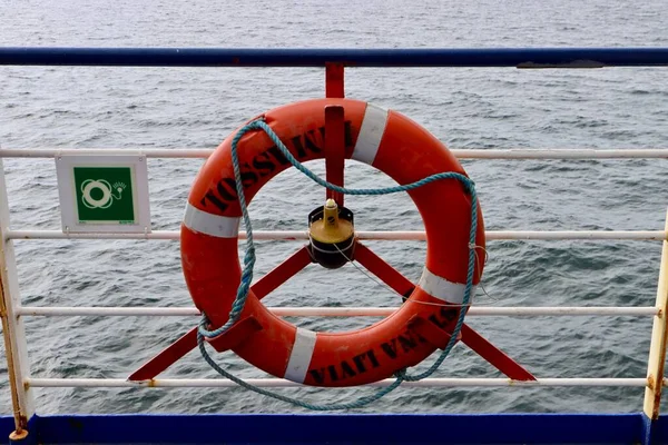 Lifebuoy Ring Shape Orange Railings Calm Sea Background Stena Line — Stock Photo, Image