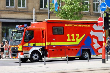 Fire truck for respiratory protection on National day parade. Luxembourg, Luxembourg - June 23, 2022
