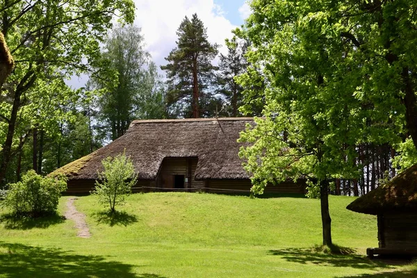 Rumah Threshing Dibangun Dari Kayu Dengan Atap Jerami Latvia Ethnographic — Stok Foto