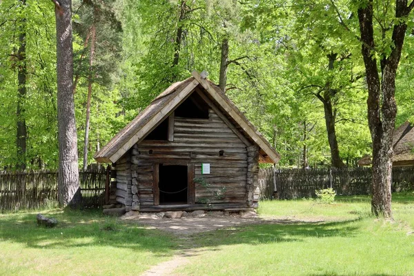 Small Outhouse Built Timber Thatched Roof Latvian Ethnographic Open Air — Stockfoto
