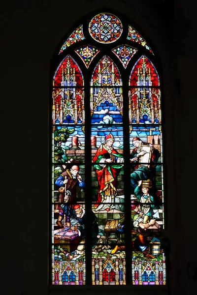 Skleněné Okno Biskupem Albertem Který Pokládal Základní Kámen Katedrály Katedrála — Stock fotografie