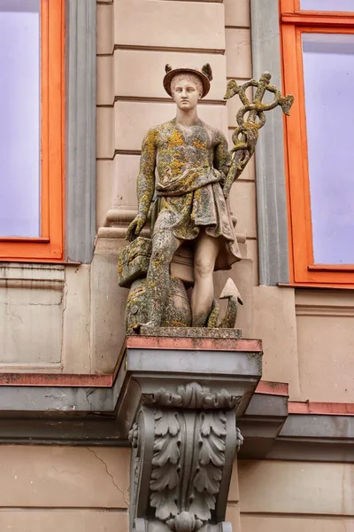 Statue Hermes Mercury Riga Old Town Covered Lichen Moss — 图库照片
