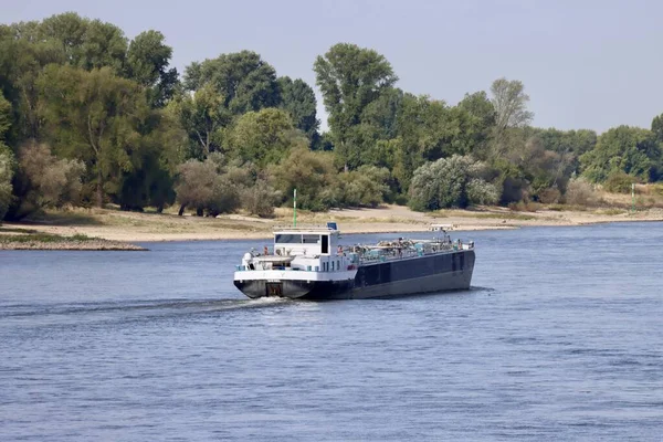 Φορτηγά Πλοία Στον Ποταμό Ρήνο Μια Ηλιόλουστη Καλοκαιρινή Μέρα Χαμηλές — Φωτογραφία Αρχείου