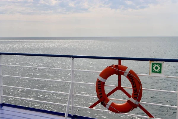 Lifebuoy Ring Shape Orange Railings Calm Sea Background Stena Line — Stock Photo, Image