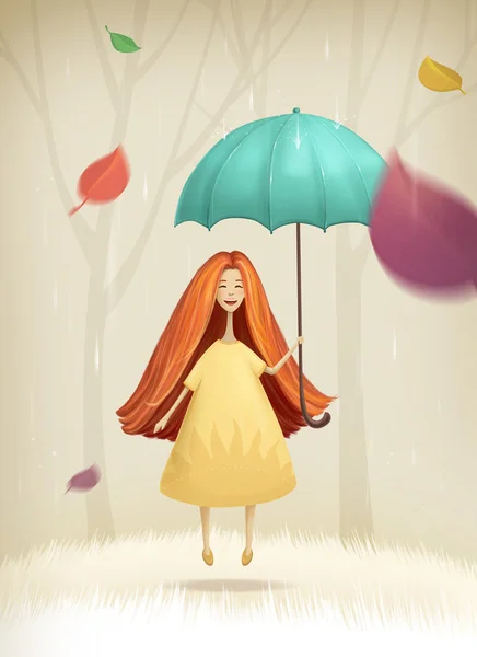 Illustration Mädchen springen mit Regenschirm — Stockfoto