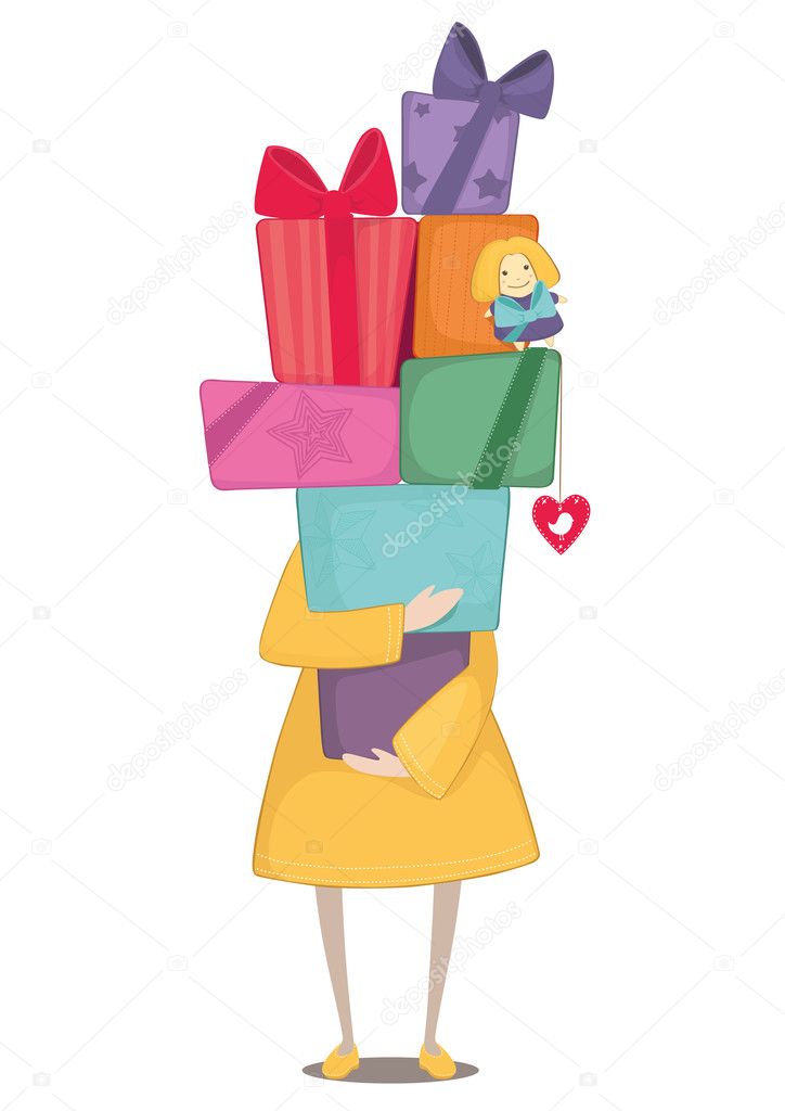 Vector Girl holding a lot of gift boxes