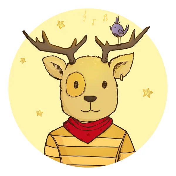 Cute hipster cartoon deer with little bird — Stock Photo, Image