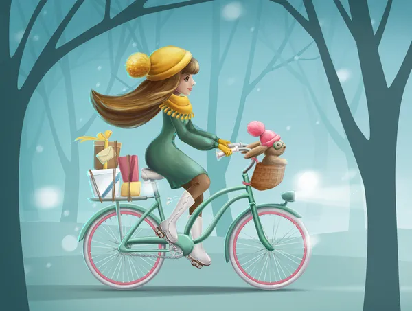 Fata de echitatie o bicicletă cu iepuraș mic și cutii cadou — Fotografie, imagine de stoc