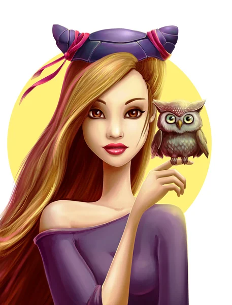 Girl with little cute owl — Stock Photo, Image