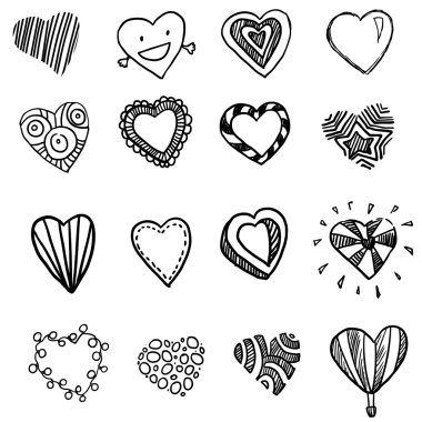 Beyaz kalp doodle elle çizilmiş şekiller kümesi vektör