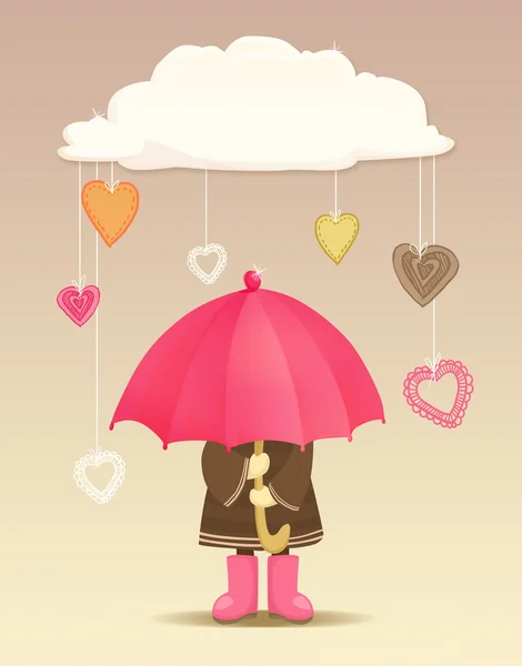 Девушка с зонтиком под облаком с абстрактными висячими сердцами — стоковое фото