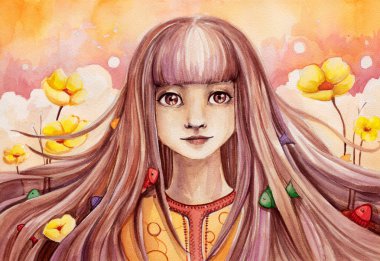 uzun saçlı, çiçek ve balıklar yüz çizim kız