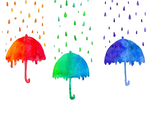 Akvarel deštníky s kapkami deště na bílém pozadí. červené, zelené a modré abstraktní deštníky — Stock fotografie