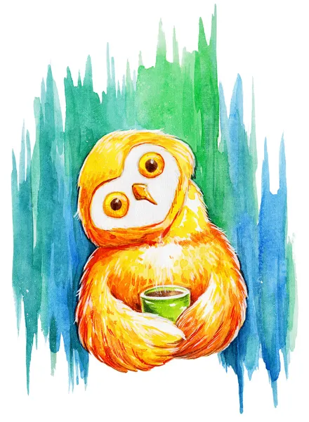 Desenho bonito coruja com uma xícara de café isolado no fundo branco — Fotografia de Stock