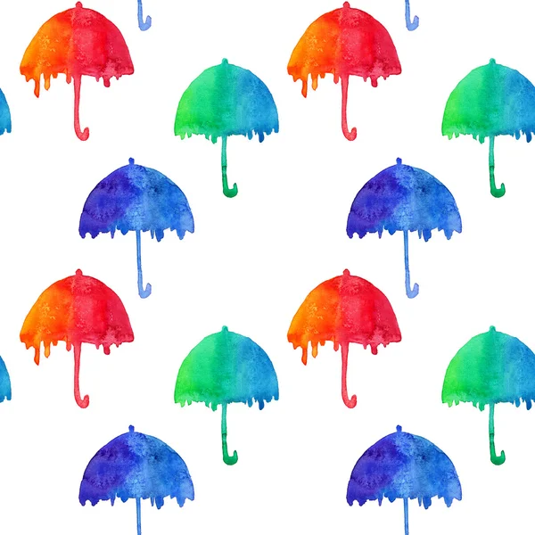 模式与水彩的多彩 umbrellas.red,green 和白色背景上的蓝色抽象遮阳伞 — 图库照片