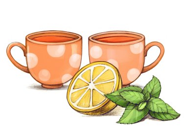 Nane ve limon ile çay bardak beyaz zemin üzerine çizim