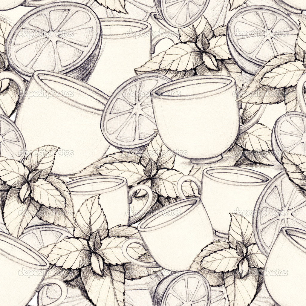 Drawing pattern with tea cups,lemon and mint