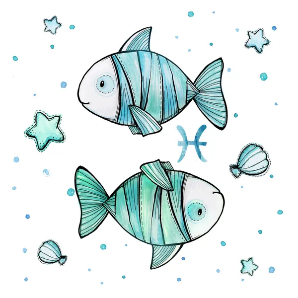 Linda ilustración de acuarela de Piscis signo astrológico aislado en blanco —  Fotos de Stock