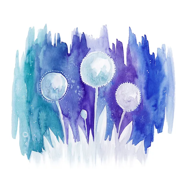 Watercolor blue background with drawing abstract flowers