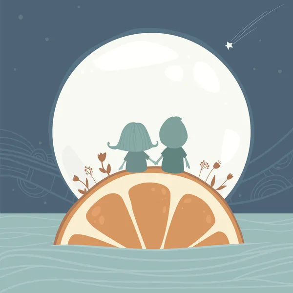 Счастливая симпатичная влюбленная пара сидит на апельсине и смотрит на луну и ночное небо — стоковый вектор