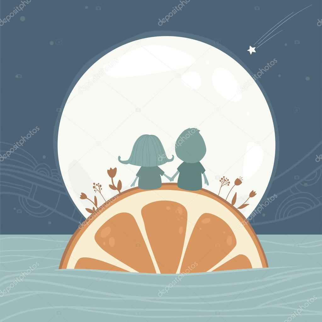 Happy cute cartoon couple in love sitting on the orange and look at the moon and night sky