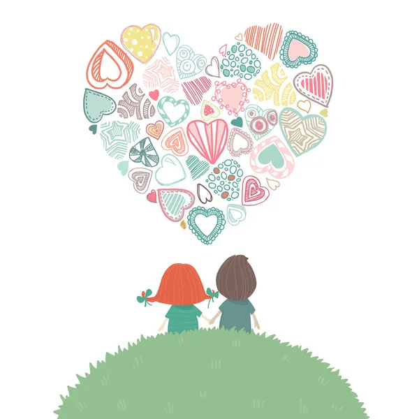 Pareja en el amor juntos, lindo concepto romántico con gran forma de corazón. Ilustración vectorial — Archivo Imágenes Vectoriales