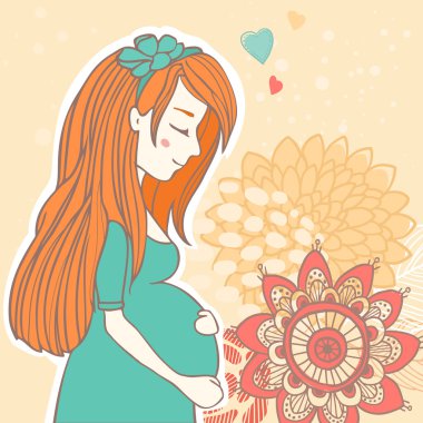 Vector floral arka plan üzerinde kırmızı saçlı hamile kız