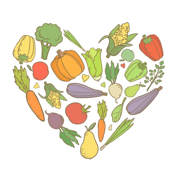 Verduras en forma de corazón. Ilustración vectorial aislada sobre fondo blanco — Archivo Imágenes Vectoriales