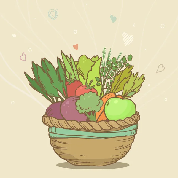 Vecteur panier mignon avec des légumes dessinés à la main sur fond abstrait — Image vectorielle