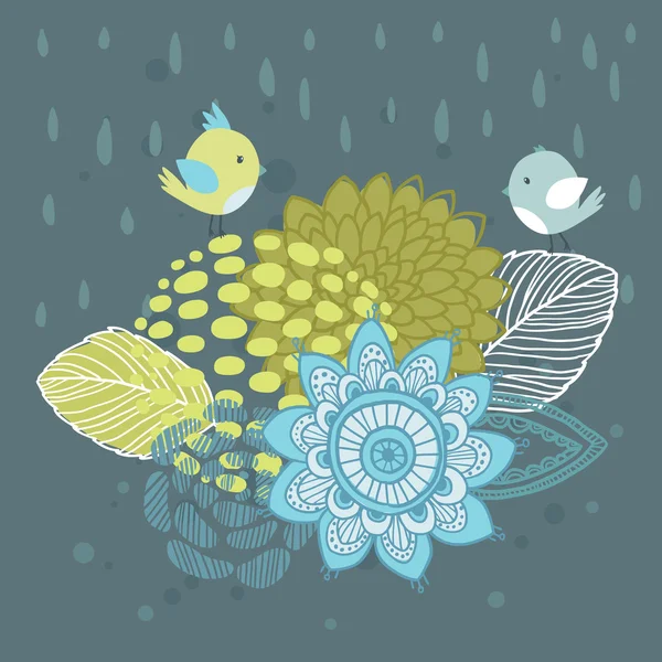 Vector abstract background with cute hand drawn flowers, birds and rain drops — Stock Vector